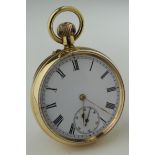 Victorian 18ct cased open face pocket watch. The white dial with black roman numerals and subsidiary