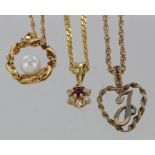 Three pendant and chains, 18ct ruby and diamond on 9ct chain, weight 4.1g. 9ct pearl pendant and
