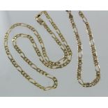 9ct yellow gold figaro chain necklace, 44cm long, weight 8g. 9ct fancy link bracelet, 20.5cm long,