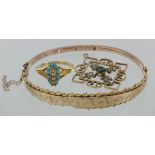 Mixed lot of 9ct jewellery comprising hinged bangle, pendant and ring, weight 10.4g