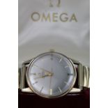 Boxed gents 9ct cased Omega automatic wristwatch, hallmarked Birmingham 1961. The chamagne dial with