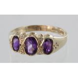 9ct Gold Amethyst three stone Ring size M weight 1.8g