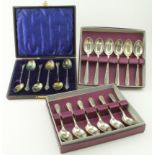 Three boxed sets of six silver teaspoons hallmarked S&Co. Birm. 1901 and two sets are hallmarked E&
