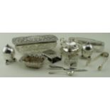 Silver. A collection of silver items, including salt & pepper, mustard pot (with liner), sugar