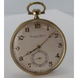 14ct Gold open faced pocket watch circa 1929, the cream dial signed International Watch Co,