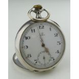 Gents white metal Omega pocket watch, approx 48mm dia, working when catalogued