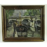 Mical Antrim (?). Oil on canvas, depicting a moored canal barge with bridge in background, signed to
