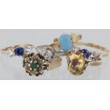 Six rings to include paste and semi precious gemstones set in 9ct yellow gold and 18ct white gold,