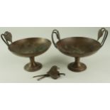 Pair of bronze dishes, each with two handles, raised on a pedestal base, signed 'P. Barbedienne',