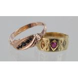 9ct rose gold sapphire five stone ring, size O, weight 2.1g. 9ct ruby and pearl band ring, size I,