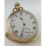 Gents 9ct cased open face pocket watch by "Waltham". Hallmarked Birmingham 1928. The white dial with