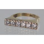 18ct yellow gold bar ring set with six diamonds totalling approx. 0.75ct, finger size R, weight 7.