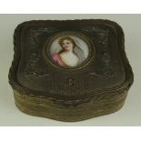 Brass ring / jewellery box, with portrait miniature to lid depicting an auburn haired lady, green