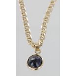 9ct curb chain 53cm long with single stone sapphire pendant, weight 9.9g