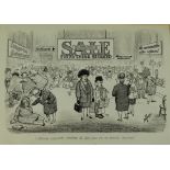 Original Artwork. Pen & ink, an original newspaper cartoon illustration, depicting a scrum at a