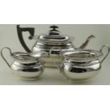 Silver three piece tea set, comprising teapot, sugar bowl & milk jug, hallmarked Sheffield 1960/1.