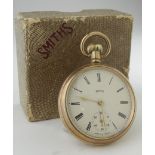 Smiths gold plated pocket watch, inscription to reverse, dial diameter 40mm approx., contained in