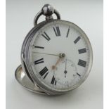 Gents Silver cased open face pocket watch. Hallmarked London 1883. The white dial with black roman