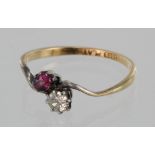 18ct Gold Diamond and Ruby Ring size P weight 2.0g