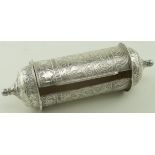 Middle Eastern silver (800 grade) scroll/amulet case, hinged lid length 113mm approx. Weight 2oz
