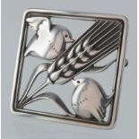 Silver Georg Jensen square brooch, designed by Arno Malinowski, depicting birds on a head of barley,