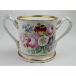 Large double handled hand painted mug, with floral decoration and inscription to side, height 12cm