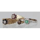 Four 9ct gem set and diamond set rings, total weight 10.6g