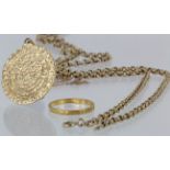 Mixed lot of gold jewellery to include belcher chain necklace, medalion pendant and chain and