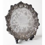 London Cholera Epidemic interest. A silver salver with ornate engraved decoration relating to the