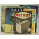 Advertising. Five card advertising signs, comprising Gold Block, Matinee cigarettes, Faulkner's