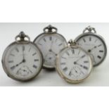 Four Gents silver cased open face pocket watches, includes Waltham, Arthur Price Davies.