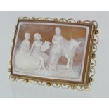 9ct rectangular Three Graces shell cameo brooch with safety chain, weight 18.4g
