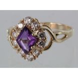 14ct Gold Amethyst and Diamond Ring size M weight 3.4g