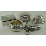 Silver. A collection of five silver items, comprising purse, cigarette box (wood lined), double