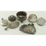 Three Silver Lockets, Whisky Label, Cameo,Memorial Brooch and small Salt weight 110g