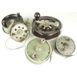 Fishing Reels. Five fishing reels, comprising Trudex fly reel by J. W. Young & Sons; Jecta Sea