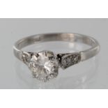 Platinum diamond solitaire ring with diamond set shoulders, principal diamond approx. 1ct, size M,