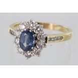 18ct yellow gold sapphire and diamond cluster ring with diamond set shoulders, finger size N, weight