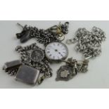 Collection of hallmarked silver Watch Chains plus Vesta Case, Ladies Fob watch weight 300g