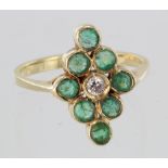 18ct yellow gold emerald and diamond dress ring, finger size O, weight 3.9g