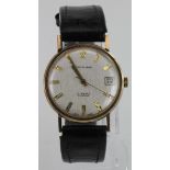 Gents 9ct cased wristwatch by "Excalibur", the cream dial with gilt baton markers and date
