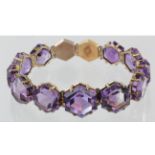 9ct yellow gold amethyst bracelet with hexagonal links and box clasp, weight 32.6g