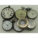 Collection of seven silver cased pocket watches, various sizes. All AF