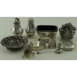 Mixed lot of silver items comprising two peppers, bon-bon dish, modern box, perfume bottle, thimble,