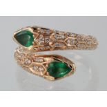 18ct rose gold emerald and diamond snake ring, diamond weight 0.37ct, emerald weight 0.82ct. Size L,