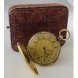 Boxed Mid-size 18ct cased full hunter pocket watch, the gilt dial with black roman numerals and