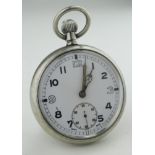 Chrome cased military pocket watch back stamped "^ G.S.T.P Q4132. Not working when catalogued