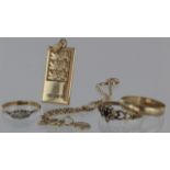 Three 9ct Gold rings (two with stones), 9ct Gold ingot & 9ct bracelet, total weight 15.8g approx.