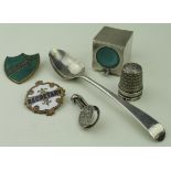 Silver. Five silver items, comprising billiard chalk holder, two thimbles, teaspoon & skirt clip,
