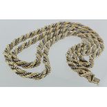 9ct yellow and white gold rope twist necklace, 74cm long, weight 35.1g